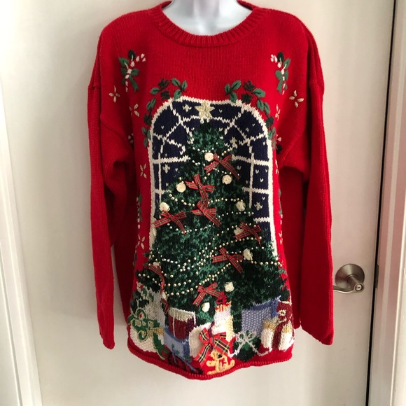 Metropolitan Sweaters - VTG Metropolitan 10001 Red Ugly Christmas Pullover Sweater Rosettes & Ribbons L